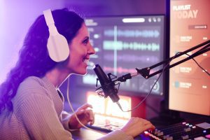 Woman Recording Podcast Online